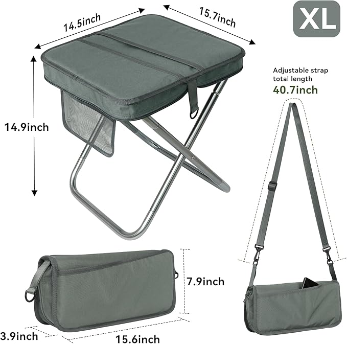 AOUTACC Camping Stool with Shoulder StrapUltralight Collapsible Handbag Style StoolPocket Portable Chair for Camping Travel Fishing Hiking Beach Backpacking Gardening Picnics-XL(Grey)
