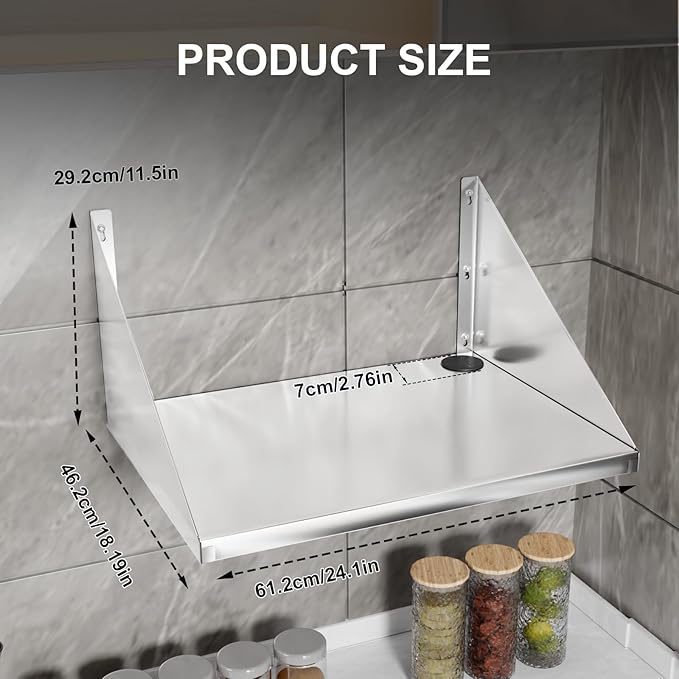 Stainless Steel Microwave Shelf 24x18 Heavy Duty Wall Mount Floating Shelving 110lb Max Load Commercial Microwave Rack for Restaurants Kitchens Bars Homes &amp Hotels