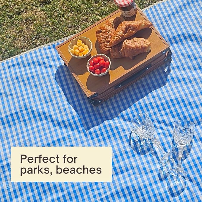 Cute Gingham Picnic Blanket Waterproof Foldable in Large 80x60in and Extra Large 80x80in Portable Compact Beach Blanket Oversized XL Outdoor Mat (Blue X-Large)