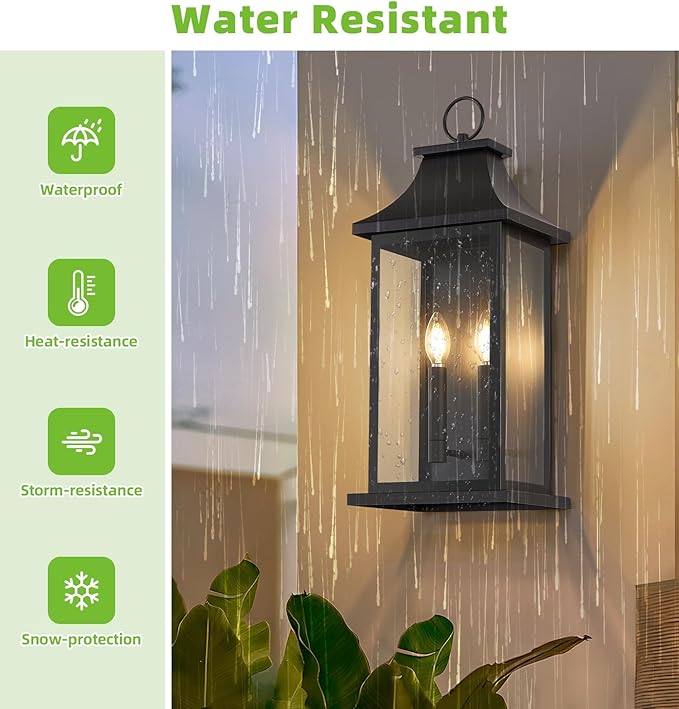 tewei 18'' Large Outdoor Wall Light Porch Light Outdoor Wall Sconce Lantern 2-Light Black Exterior Lighting Fixture Wall Mount Outside Light for House Garage 2-Pack