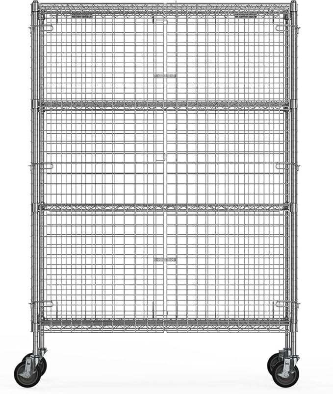 Chrome Mobile Security Wire Cage Kit – Heavy Duty NSF Utility Storage Unit with Lockable Doors &amp Wheels – Commercial Grade Metal Storage Multiple Sizes (Chrome 18 x 36 x 69)