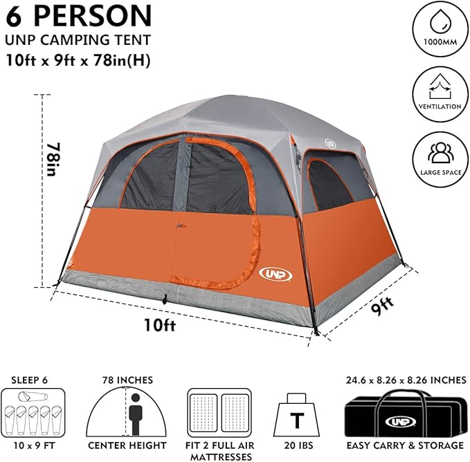 UNP Tents 6 Person Waterproof Windproof Easy SetupDouble Layer Family Camping Tent with 1 Mesh Door &amp 5 Large Mesh Windows -10'X9'X78in(H)