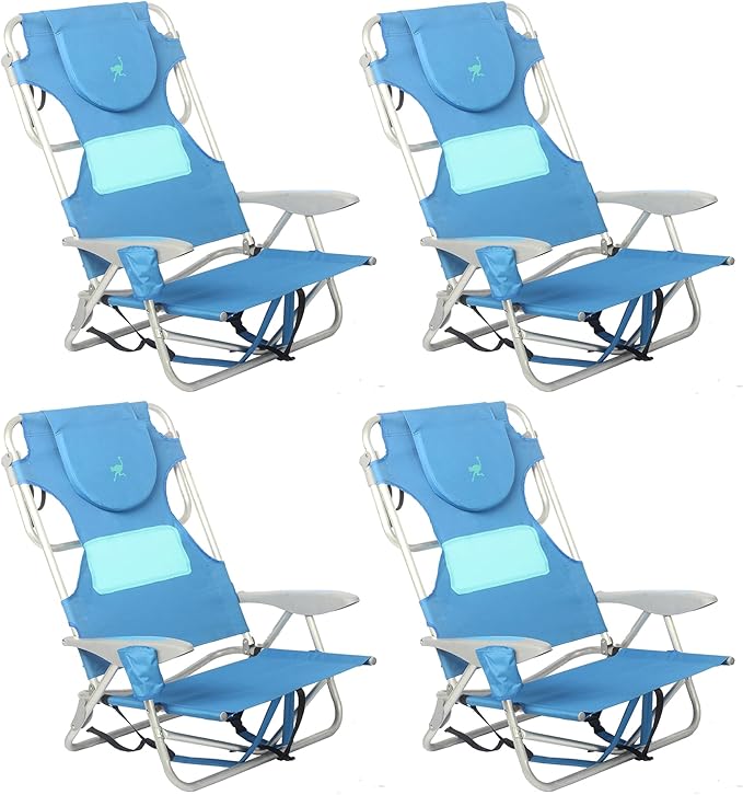 Ostrich Lightweight Ladies Comfort On-Your-Back Outdoor Backpack Beach Chair w/5 Adjustable Positions Carry Straps &amp Cup Holder Blue (4 Pack)