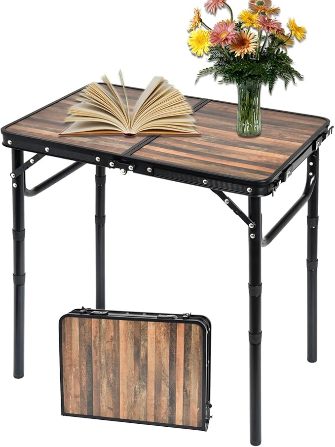 Aluminum Folding Table - Premium Portable Lightweight and Adjustable Camping Table for Outdoor Adventures Picnics and Home Use - Durable and Compact Design 2ft with Carry Handle (Wood Grain)