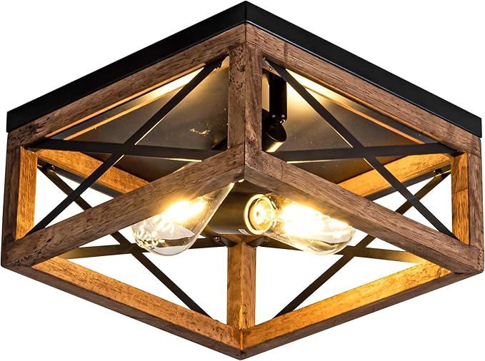Flush Mount Ceiling Light Fixture for Kitchen Hallway 2-Light Close to Ceiling Light with Black Metal and Wood Design Rustic Farmhouse Ceiling (Bulb not Included)
