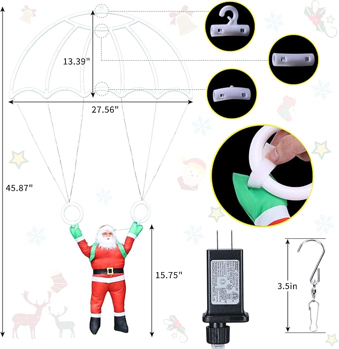 Toodour Christmas Decorations Lights Outdoor 2.8FT Christmas Parachute Lights with Santa Claus Waterproof 8 Modes Hanging Red &amp Green Xmas Light - Holiday Decorative Light for Indoor Eave Roof