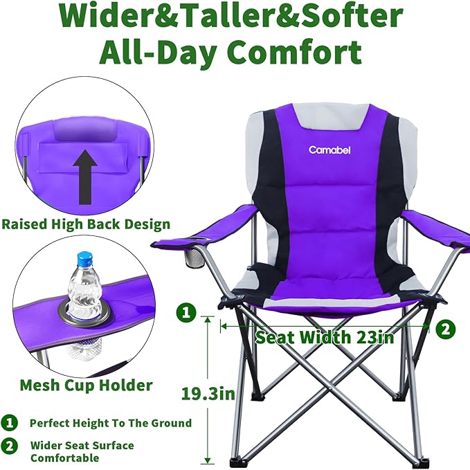 Camabel Folding Camping Chairs 400lbs Extra Large Outdoor Lawn Chair Padded Sports Lightweight Portable Chairs for Beach Hiking Fishing Picnic BBQ with Cup Holder and Storage Bag Purple
