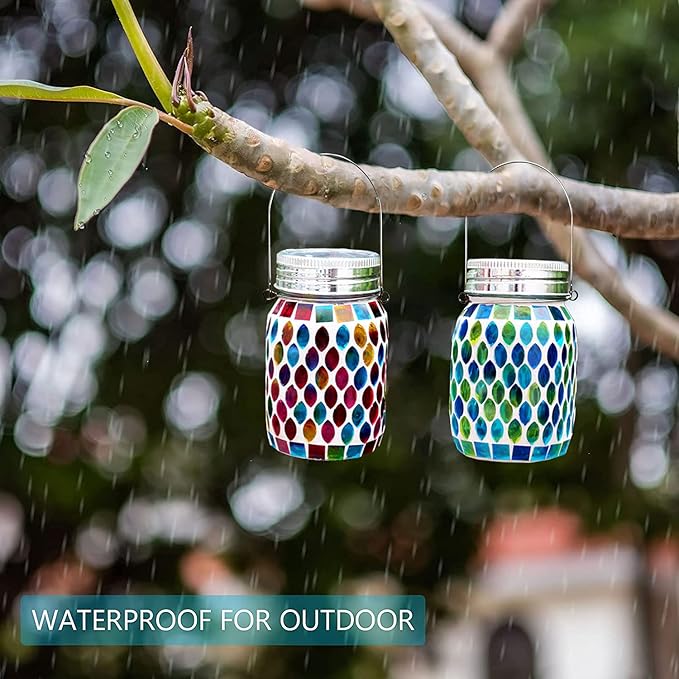 2 Pack Solar Outdoor Mosaic LanternSolar Lights Outdoor Hanging Lanterns Rechargeable Waterproof Table lamp Mosaic Night Light for Garden Patio Party Yard Outdoor/Indoor Decorations