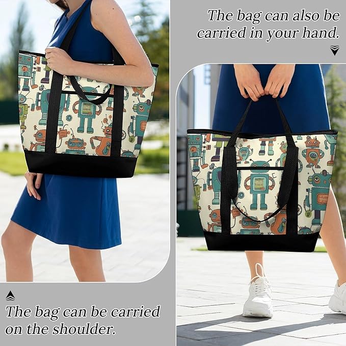Insulated Shopping BagLarge Reusable Cooler Bags Cute Cartoon Robots Printed Foldable Shopping BagTravel Waterproof Shoulder Bag