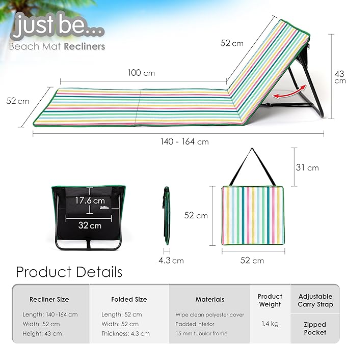 just be... Beach Sun Mat Folding Lightweight Portable Adjustable Sunbathing Recliner with Backrest Support and Valuables Pocket for Holidays Garden Camping Park Festivals - Light Multicolour Stripes