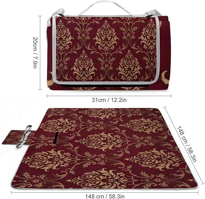 Flower Maroon Gold Floral Classy Burgundy Antique Waterproof Outdoor Picnic Blanket Sandproof Beach Mat for Camping Hiking Grass Travelling