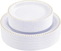 Rubtlamp 60Pcs White Gold Plastic Plates White Disposable Plates With Gold Beaded Heavyduty Plastic Plates Include 30 Dessert Platos 30 Dinner Platos for Party