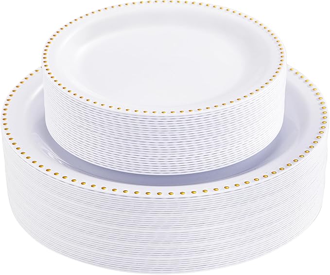 Rubtlamp 60Pcs White Gold Plastic Plates White Disposable Plates With Gold Beaded Heavyduty Plastic Plates Include 30 Dessert Platos 30 Dinner Platos for Party