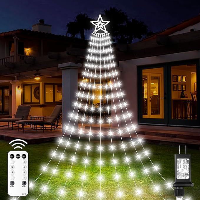 Christmas Decorations Star Lights Outdoor 11.48ft 350 LED Waterfall Tree Lights with 8 Modes Timer Remote Plug in Christmas Lights for Indoor Yard Patio Home Holiday Party Decor Pure White
