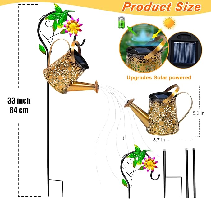 Solar Metal Watering Can with Hummingbird Shepherd Hook and Cascading Lights Outdoor Solar Lantern for Garden Yard Patio Decor and Gardening Gifts for Women Mother's Day