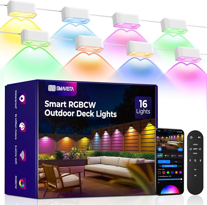 Outdoor Deck Lights 16 Packs Smart RGBCW Fence Light 100+ Scene Modes Dual Lens LED String Lights with APP/Voice/Remote Control IP65 Waterproof for Halloween Christmas Decor 105ft White