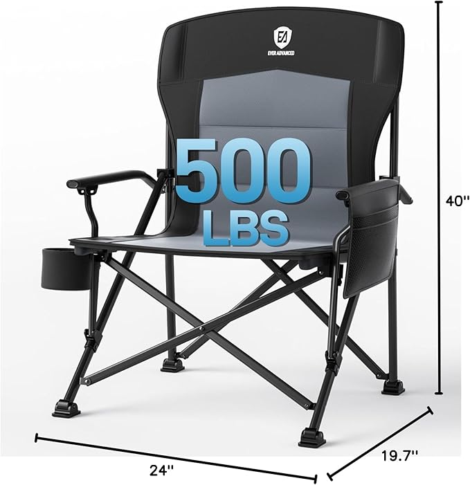EVER ADVANCED Oversized Folding Camping Chair for Adults Heavy Duty Lawn Chair with Side Pockets Portable Collapsible Quad Chair for Outside Support Up to 500lbs Black