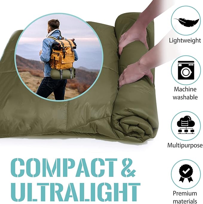 Outdoor Puffy Camping Blanket Lightweight Down Alternative Puffy Printed Camping Large Ultra Warm Hammock Top Quilt Waterproof Blanket for Traveling Picnic Beach Party Cold Weather (Olive)