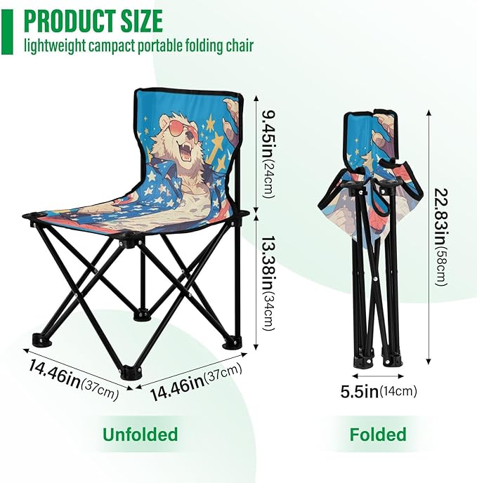 KLL Cartoon Cool Spectacled Bear Patriotic Color Collapsible Foldable Chairs Indoor Ultralight Beach Chair Backpack Includes Carry Bag Hiking Chair for Outside Lawn