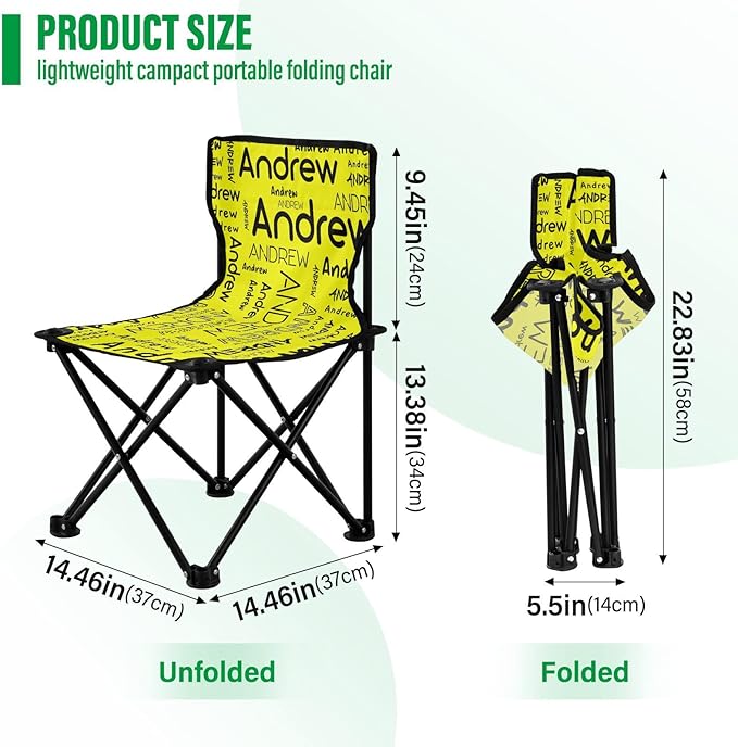 Sinestour Yellow Custom Folding Camping Chair for Teen Child Personalized Name 14.6×14.6in Portable Outdoor Chair with Carry Bag for Travel Hiking Lawn