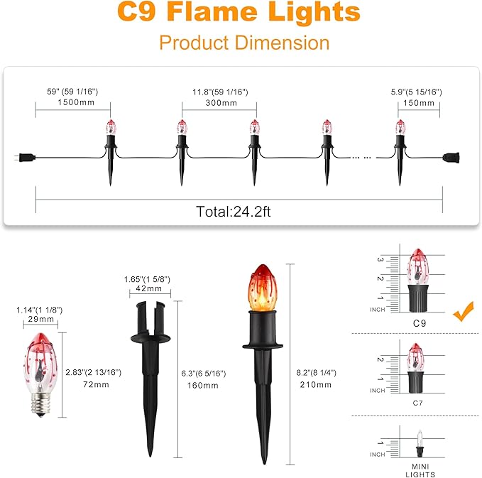 24.2ft Halloween Flame String Lights 20 Lights Halloween Decoration Waterproof Flickering Flame Lights C9 String Pathway Lights with Stakes for Indoor or Outdoor Decor Party