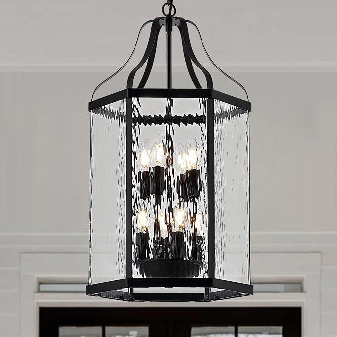 14 Modern 8-Light Exterior Black Lantern Pendant Light Fixture with Clear Rippled Glass Mini Industrial Hanging Cage Chandelier for Outdoor Kitchen Dining Room Hallway Entryway Foyer Porch