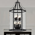 14 Modern 8-Light Exterior Black Lantern Pendant Light Fixture with Clear Rippled Glass Mini Industrial Hanging Cage Chandelier for Outdoor Kitchen Dining Room Hallway Entryway Foyer Porch