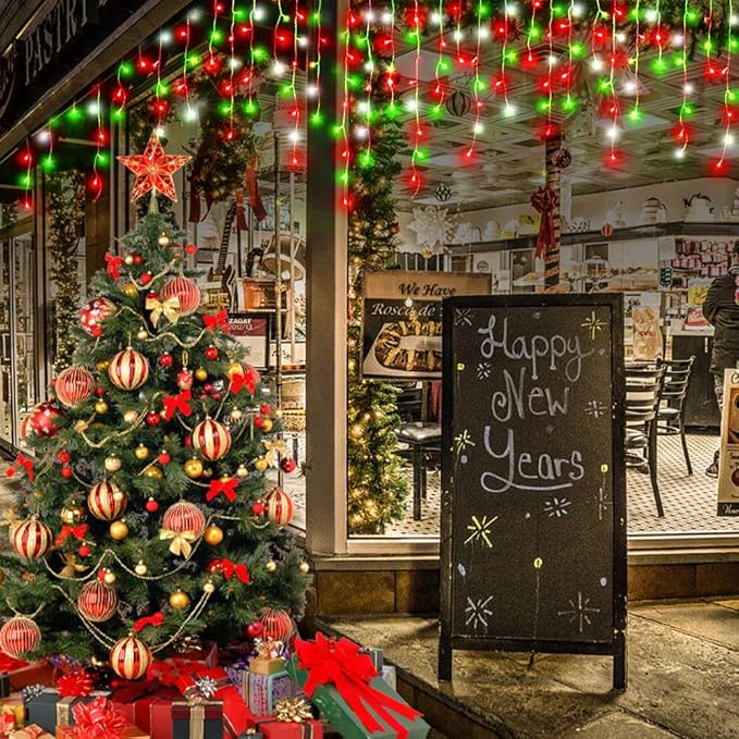 Hezbjiti Christmas Lights - Outdoor Decorations LED Fairy String Curtain Lights with 75 Drops 8 Modes 1600LED 164FT for Christmas Decor (Red Green Cold)