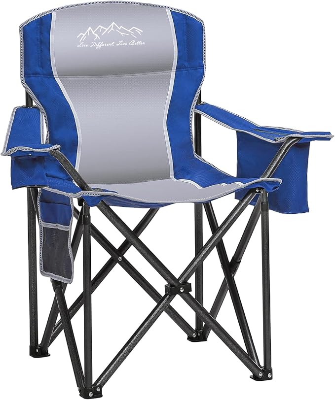 Folding Camping Chair Heavy Duty Portable Lawn Chairs with Cooler Bag Side Pocket &amp Cup Holder Folding Chairs for Outside Support 450lbs Blue