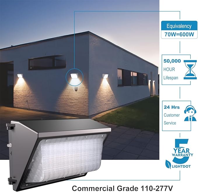 Lightdot 8Pack 70W LED Wall Pack Lights 100-277v Off Dusk to Dawn Photocell 10500Lm(150Lm/W) 5000K IP65 Outdoor Exterior Lighting for GarageWarehouseYardBuildingFactoryETL