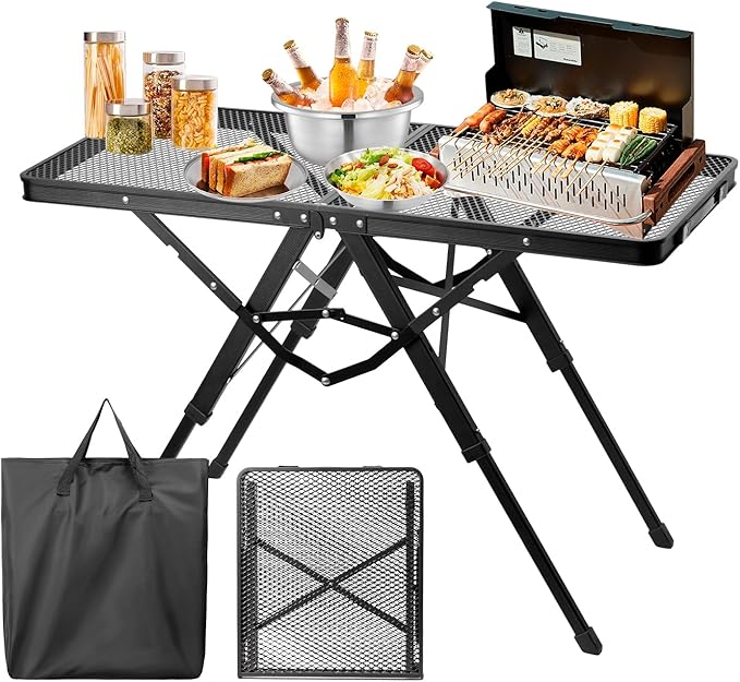 Camping Grill Table Aluminum Folding Picnic Table with 3 Level Height and Mesh Desktop 3x2FT Portable Outdoor Table for Camping Picnic Beach and BBQ (Black)