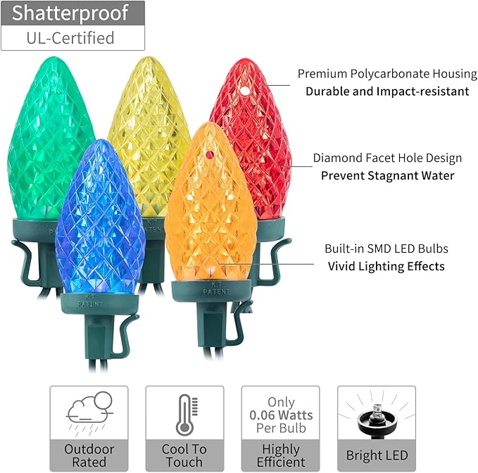 Brightown C9 Christmas String Lights Multicolor 66ft 100 LED Faceted Christmas Lights on Green Wire Plug-in Large Bulb Strawberry String Lights for House Roof Roofline Christmas Tree Party Outdoor