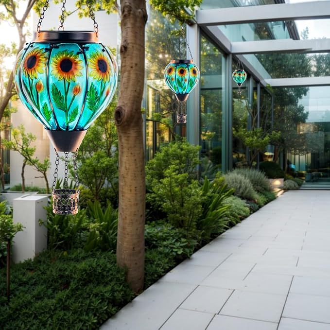 Starsoul Sunflower Hot Air Balloon Solar Lantern Glass Outdoor Hot Air Balloon Solar Flickering Flame Light Hanging Solar Lanterns Outdoor Waterproof Garden Patio Yard Party Decor