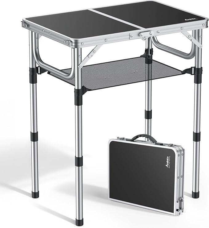 Anbte Folding Camping Table Aluminum 24 x 16 Adjustable Height Small Folding Table with Carrying Handle Lightweight Portable Camping Table Waterproof for Outdoor Indoor Picnic Beach BBQ (Black)