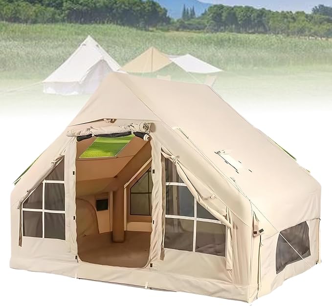 Inflatable Camping Tent with Fireplace Opening and Skylight Outdoor Tent for 2 to 8 People with Air Pump Inflatable Tent in Waterproof Oxford Fabric for 4 Seasons Quick Assembly