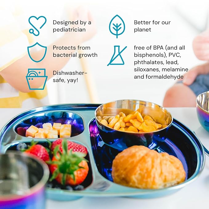 Ahimsa Stainless Steel Plates For Kids Pediatrician Designed Divided Plates for Toddlers &amp Baby Non Toxic Unbreakable &amp Dishwasher Safe Iridescent Blue Set of 4