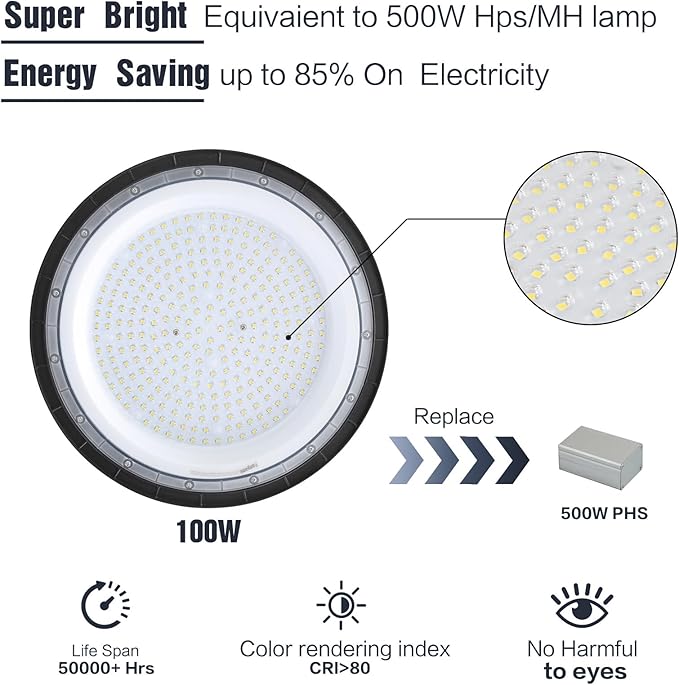 LED High Bay Light 100W 15000lm LED High Bay Shop Light with US Plug UFO LED High Bay Light for Garage Workshop Barn Warehouse Commercial Bay Lighting 5000K-Daylight 2 Pack