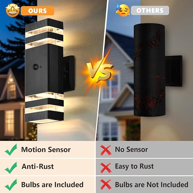 DASTOR Motion Sensor Outdoor Wall Lights 2 Pack Dusk to Dawn Outdoor Lighting 2-Layer Exterior Porch Light Fixtures Up and Down Outside Lights for House Garage