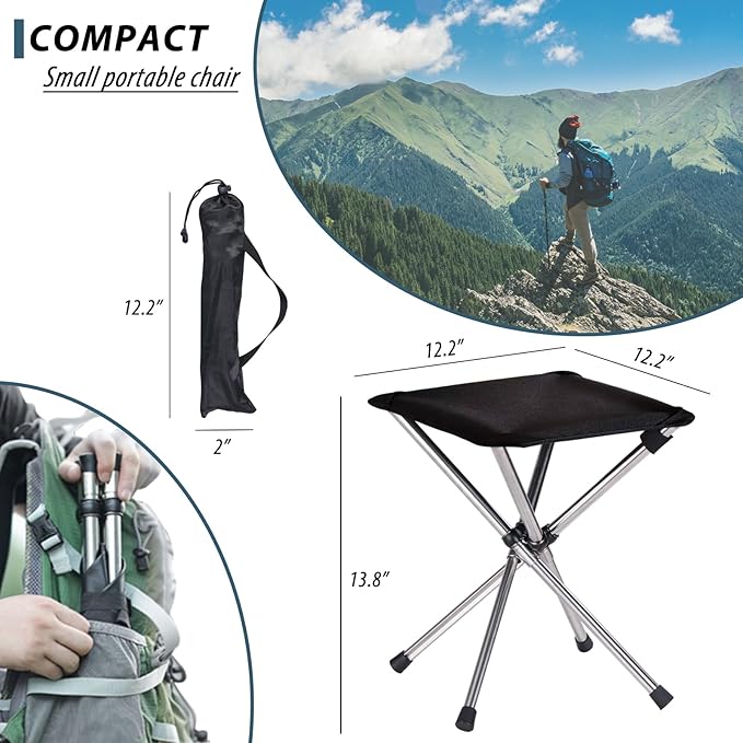 Portable Stool 13.8 Inch High &amp 1.32 lbs Small Folding Chair Telescopic Compact Foldable Stool with Carry Bag for Camping Hiking Outdoor Concert