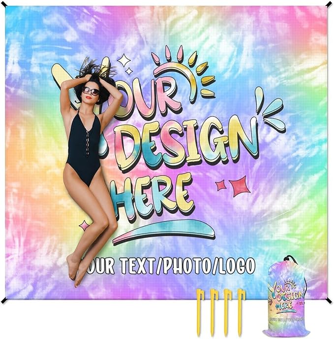 Custom Beach Blanket Waterproof Sandproof Large Mat 7.2 x 6.6 Ft for Family 4 Corner Sand Pockets &amp Stakes Personalized Blankets for Beach Travel Essentials Camping