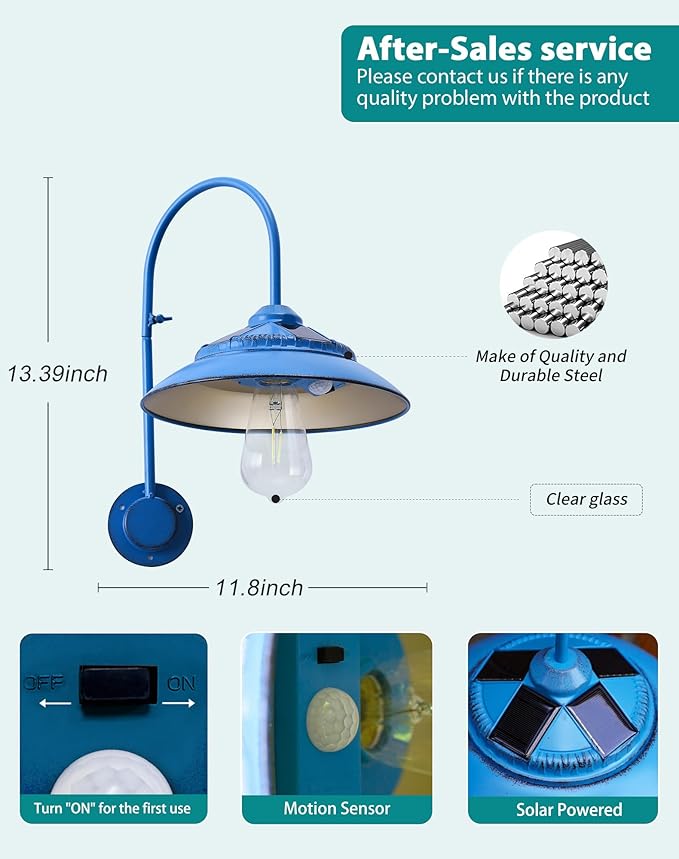Goodeco Solar Barn Light Outdoor - Motion Sensor Rustic Vintage Gooseneck Wall Light Fixture with Clear Glass LED Edison Bulb No Wiring Ideal Gifts for Patio Porch Deck &amp More (Blue)