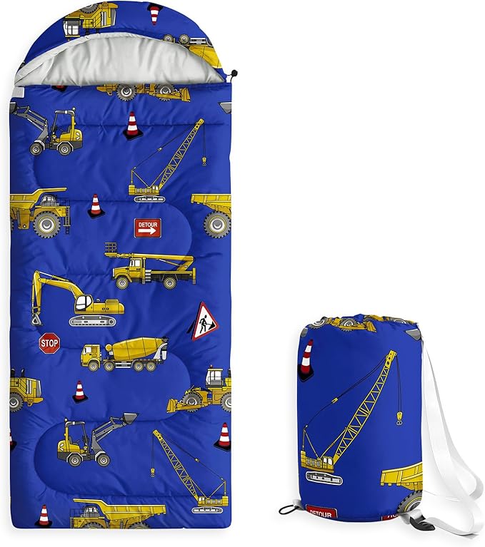 Wake In Cloud - Kids Sleeping Bag for Boys Toddlers Camping in Warm Cold Weather Backpacking Lightweight Compact Outdoor Liner for 3 Seasons Summer Spring Fall Excavator Blue