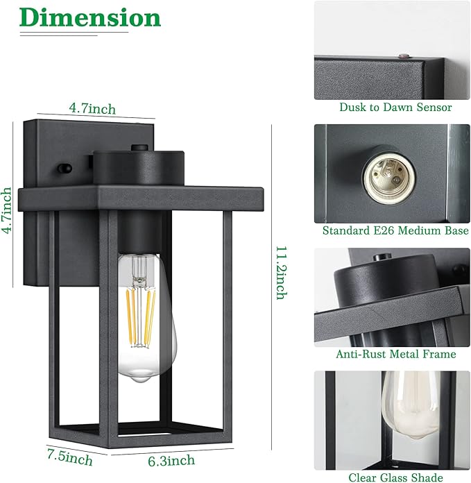 tewei Outdoor Lights for House 11IN Black Exterior Light Fixtures Anti-Rust Waterproof Outdoor Wall Lantern Outside Wall Sconce with Clear Glass Shade for Garage 2 Pack