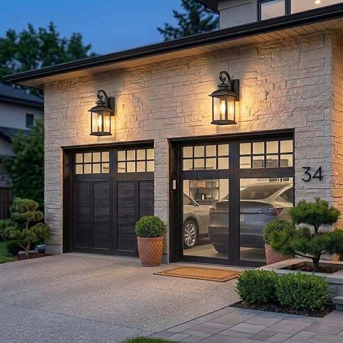 Outdoor Wall Sconce Lights 2-Pack Anti-Rust Aluminum Outdoor Porch Lights Wall Mount Black Exterior Lighting Fixtures with Tempered Glass 15 Medium Coach Lights for Garage House