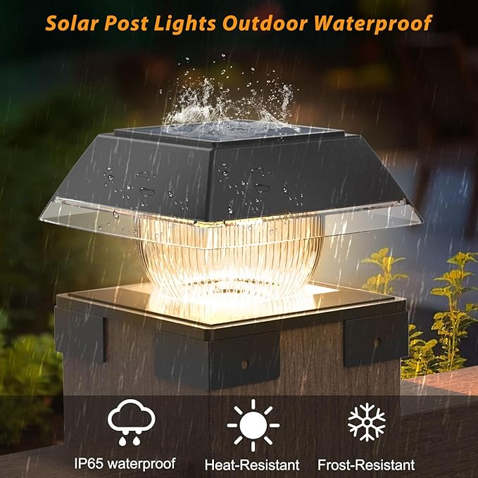 Solar Post Cap Lights Outdoor Deck Fence Post Lights wtih 120 Lumen Warm Light &amp Cool Light 3.5in-5.5in Adjustable Base Fit 4x4 5x5 Wood Post &amp 4x4 Vinyl/Metal Post for Patio Porch Backy