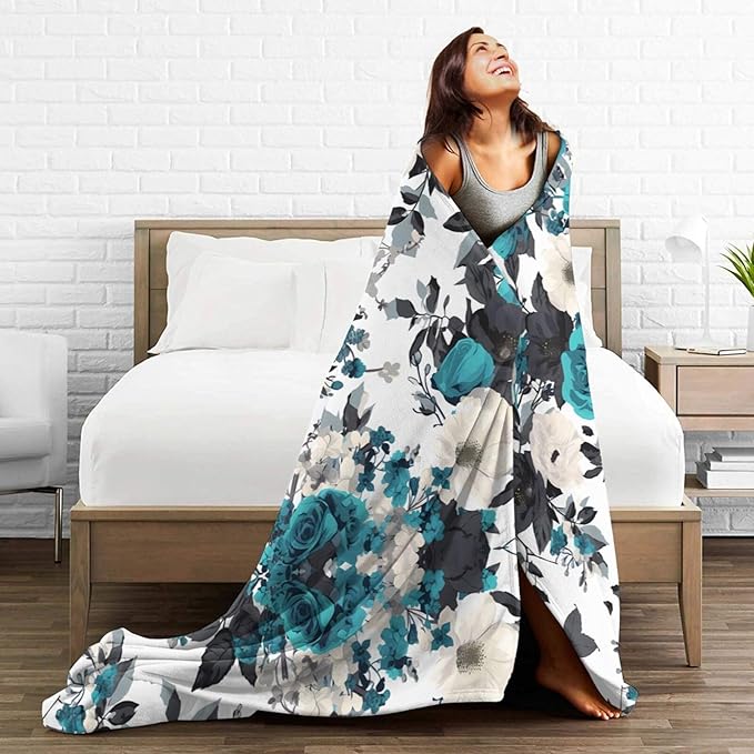 Blankets 60x50 - Lightweight Durable and Compact Anti-Wrinkle Blanket for Bed Sofa Camping Cinema and Travel Black White Teal Gray Rose Flowers Printed