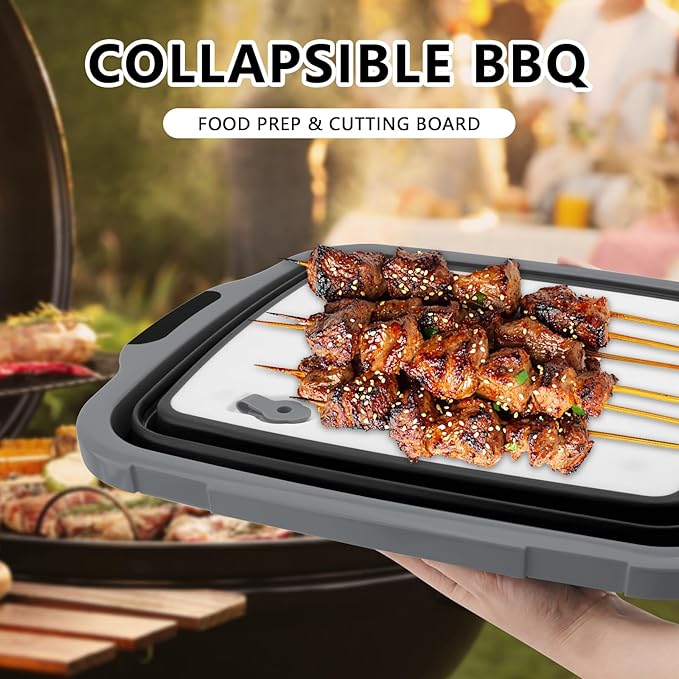 2-Pack XL Collapsible BBQ Prep Tub with Built-In Cutting Board Lid &amp Strainer (4.22 Gal / 16L) – Marinate Drain &amp Prep – Perfect for Grilling Smoking &amp Outdoor Cooking-Black