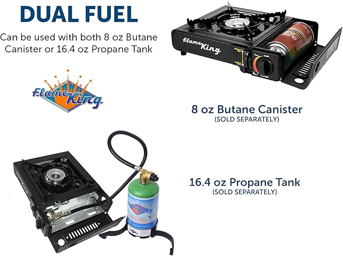 Flame King YSNVT-505-B Dual Fuel Butane &amp Propane Gas Camping Stove with Single Burner Portable and Great for Outdoor Cooking Backpacking