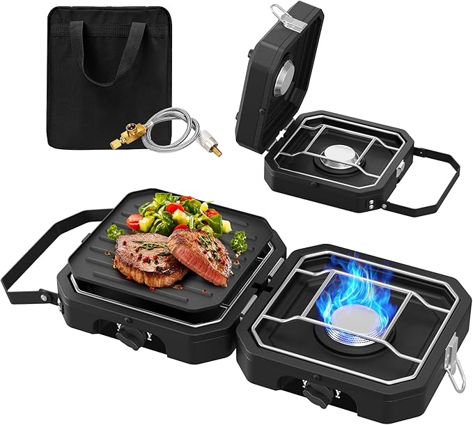 Camping Stove Portable Propane Camp Stove with Independently Adjustable Heat &amp Carry Bag Foldable Gas Stove with 2 Burners for Outdoor CookingTailgating &amp Backyard GatheringBBQ (Black)