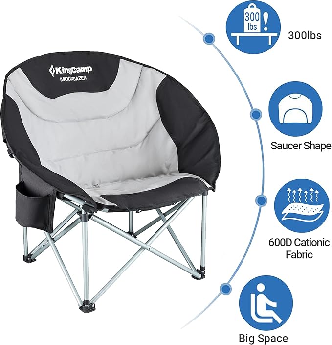 KingCamp Camping Chair Oversized Padded Moon Round Saucer Chairs Camping Folding Chair with Cup Holder (Black - 2 Pack)…
